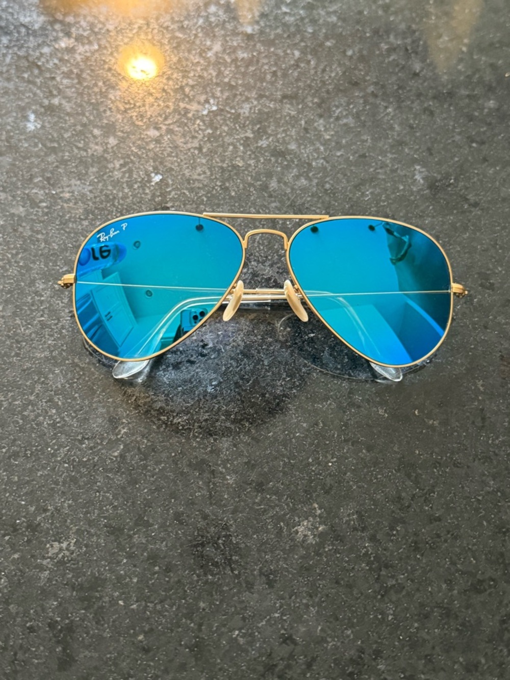 Ray-Ban Polarized Blue Lenses with Gold Frame Sunglasses (Unisex, Large framed)